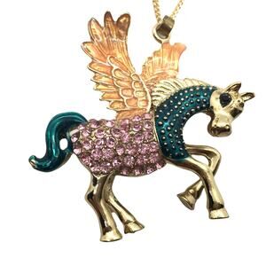 Pegasus Pendant Necklace Women's Gold Tone With Pink Rhinestones/Green Enamel